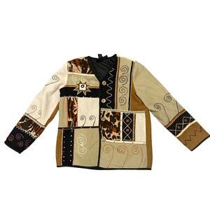 Vintage Indigo Moon Patchwork Boho Jacket XS Oversized Artsy Indie Cotton Linen